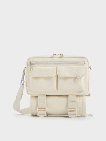 Soleil Nylon Multi-Pocket Crossbody Bag, Cream, hi-res