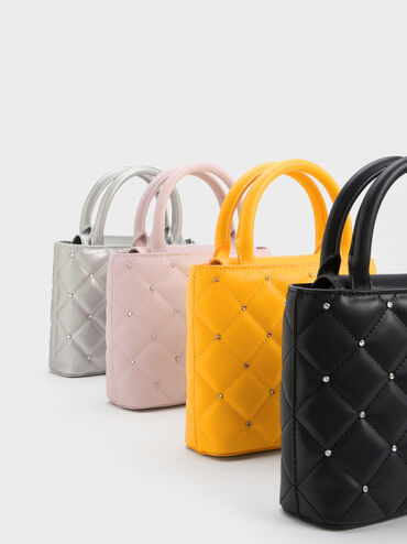 Gem-Embellished Padded Tote Bag, Orange, hi-res