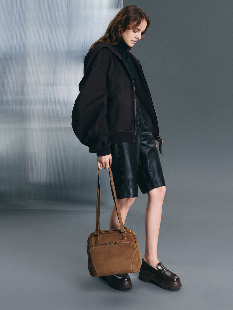 Nelly Recycled Suede Front-Pocket Boxy Backpack, Mocha Brown, hi-res