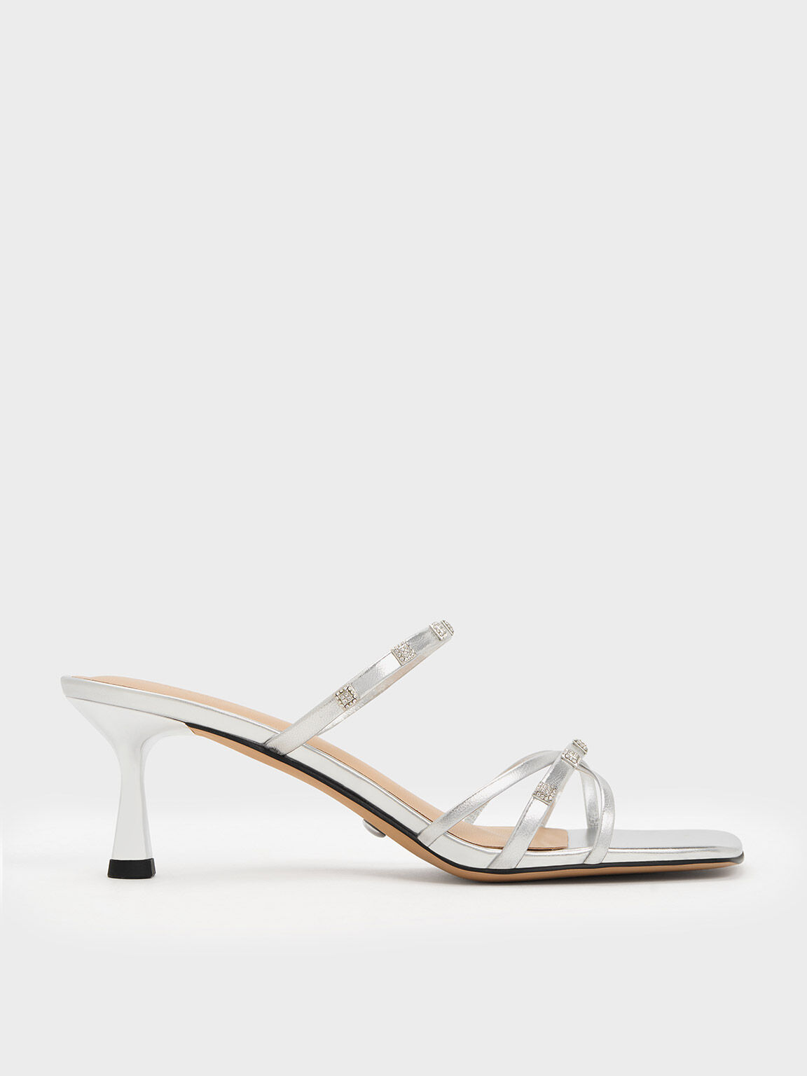Square Crystal Embellished Metallic Leather Heeled Mules Silver