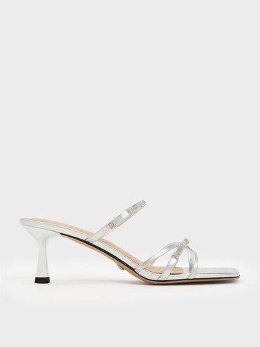 Square Crystal-Embellished Metallic Leather Heeled Mules, Silver, hi-res