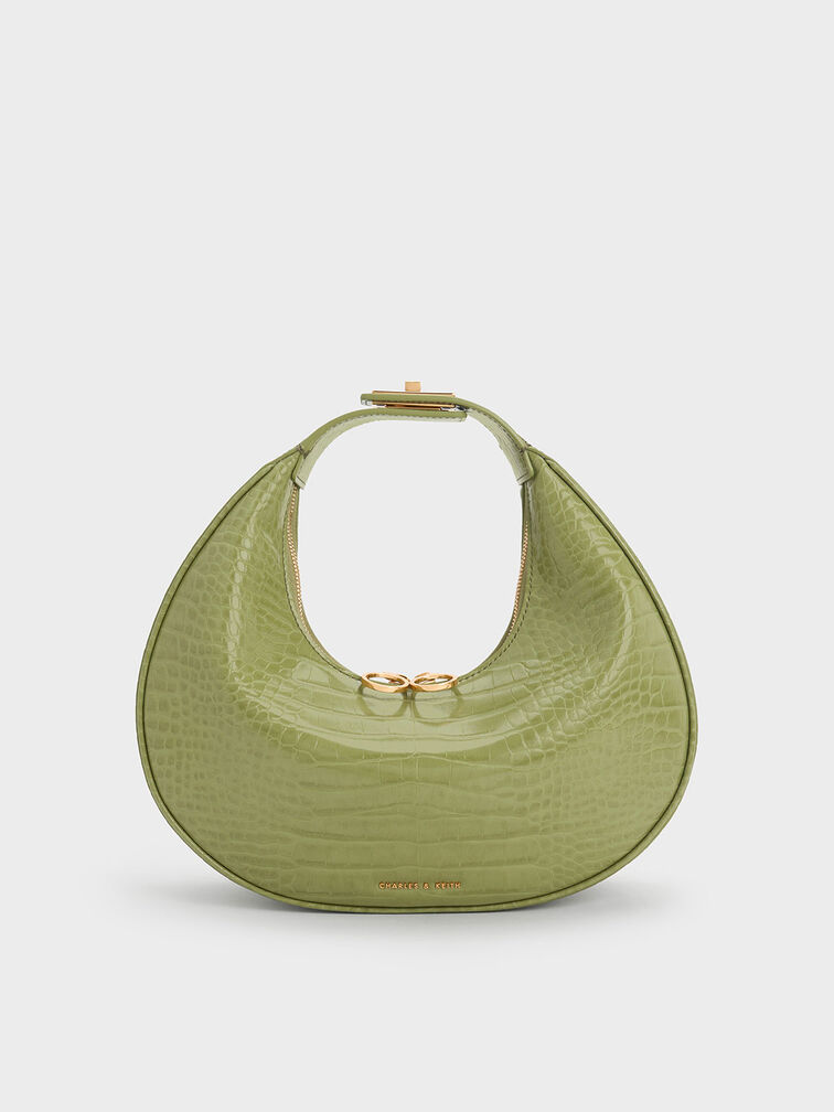 Croc-Embossed Crescent Hobo Bag, Olive, hi-res