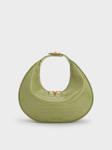 Croc-Embossed Crescent Hobo Bag, Olive, hi-res