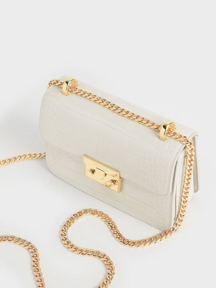 Alva Croc-Effect Chain Strap Crossbody Bag, Chalk, hi-res