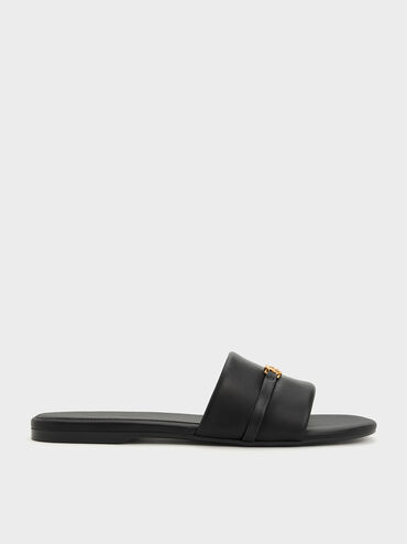 Metallic Accent Round-Toe Slide Sandals, Black, hi-res