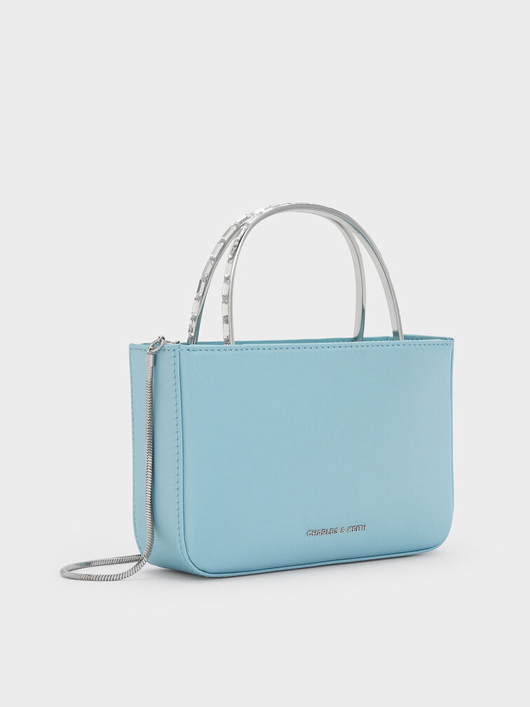 Satin Crystal-Embellished Top Handle Bag, Sky Blue, hi-res