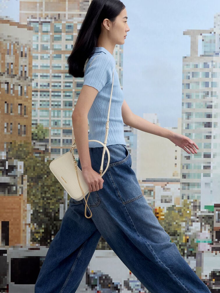 Elspeth Croc-Effect Chain-Link Shoulder Bag, Cream Croco, hi-res