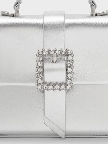 Metallic Crystal-Buckle Belted Top Handle Bag, Silver, hi-res