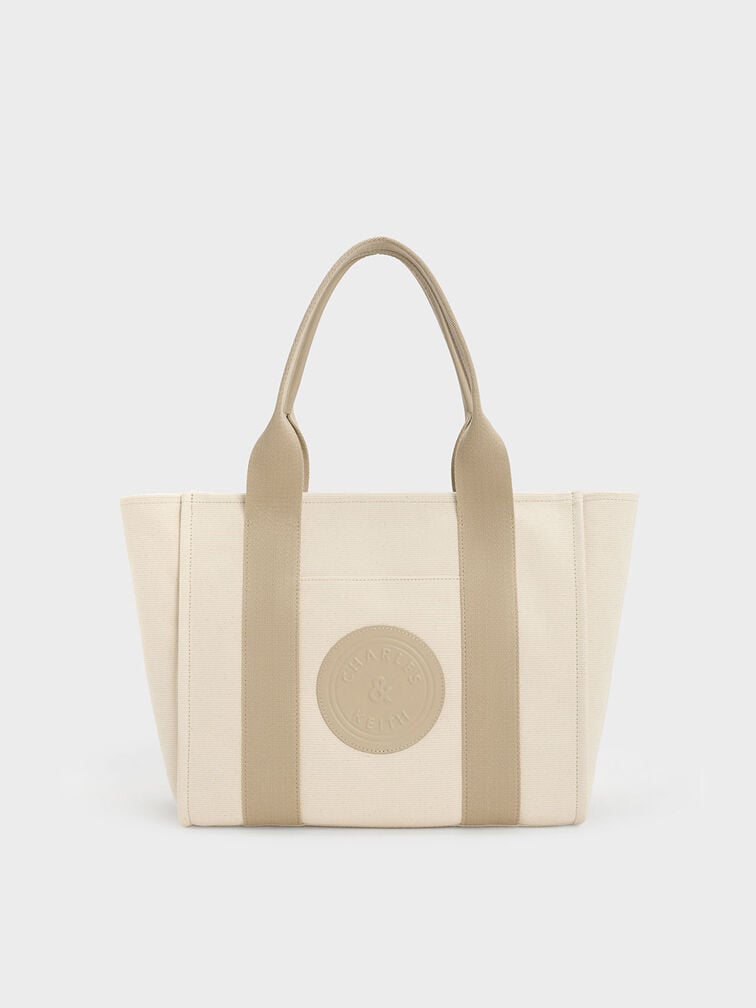 Large Kay Canvas Contrast-Trim Tote Bag, Taupe, hi-res