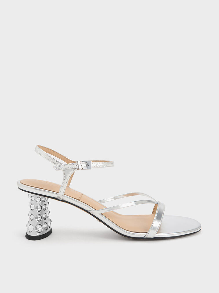 Embellished Heel Metallic Leather Sandals, Silver, hi-res
