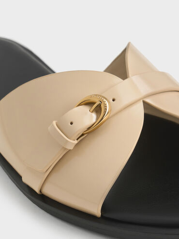 Buckled-Strap Slide Sandals, Beige, hi-res