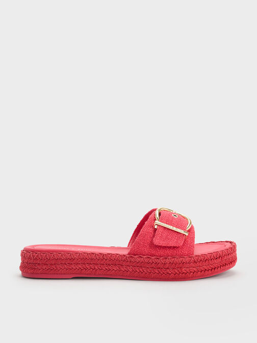 Linen Buckled Espadrille Flat Sandals, Fuchsia, hi-res