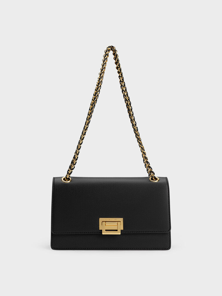 Black Metallic Accent Front Flap Bag - CHARLES & KEITH IN