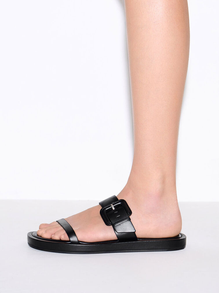 Buckled Strap Slides, Black, hi-res