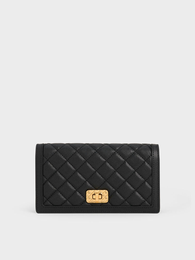 Micaela Quilted Long Wallet, Black, hi-res