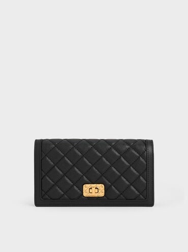 Micaela Quilted Long Wallet, Black, hi-res