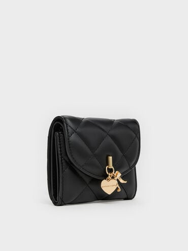 Arrietty Quilted Bow-Heart Charm Curved-Flap Wallet, Black, hi-res