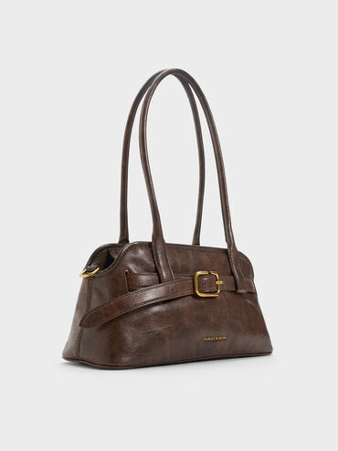 Victoria Belted Elongated Shoulder Bag, Distressed Coffee, hi-res