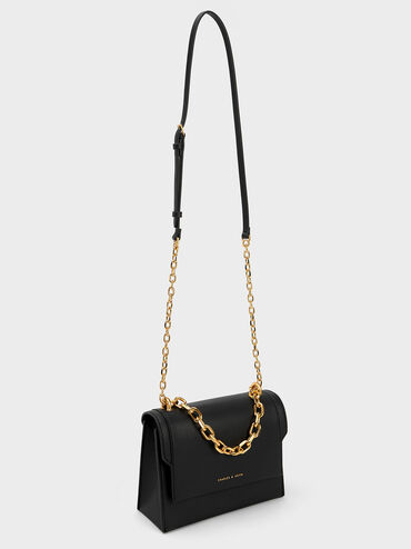 Front Flap Chain Handle Crossbody Bag, Black, hi-res