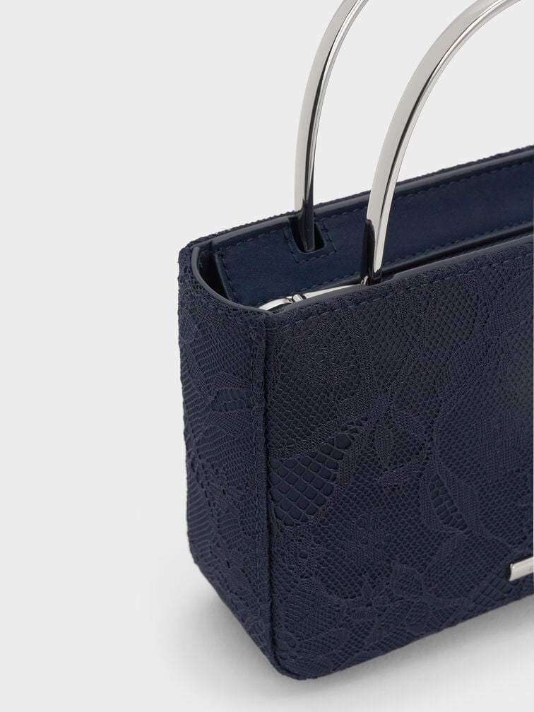 Jennis Lace & Satin Top Handle Bag, Dark Blue Textured, hi-res