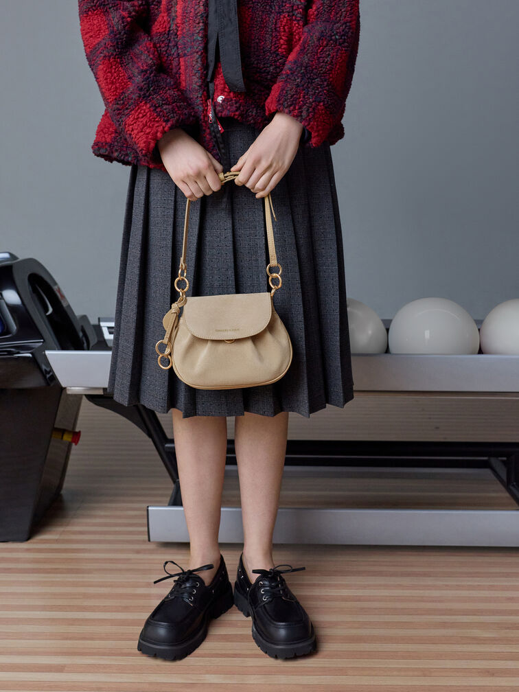 Britton Recycled Suede Ruched Saddle Bag, Nutmeg Beige, hi-res