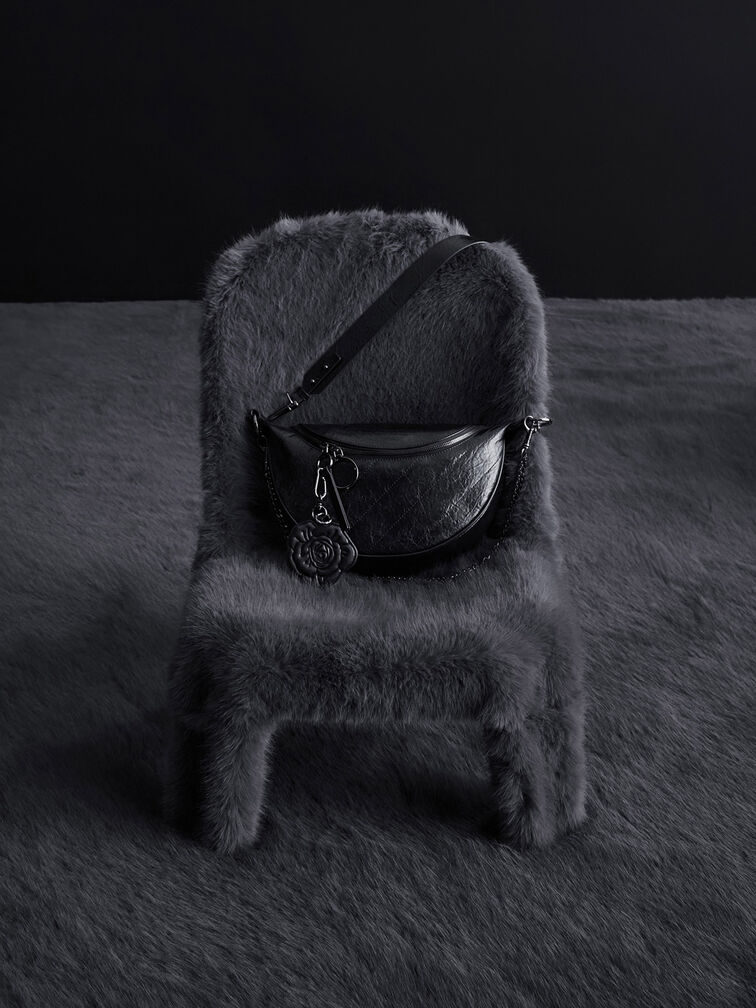 Philomena Rose-Motif Half-Moon Crossbody Bag, Noir, hi-res