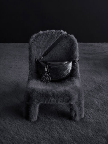Philomena Rose-Motif Half-Moon Crossbody Bag, Noir, hi-res