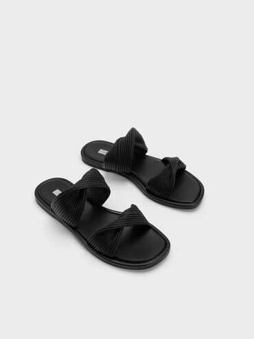 Pleated Twist Strap Slides, Black, hi-res