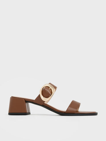 Oval Buckle-Accent Trapeze-Heel Mules, Cognac, hi-res