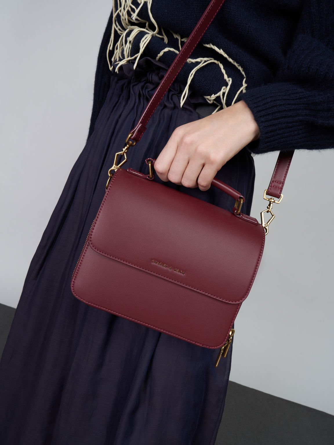Burgundy Front Flap Top Handle Crossbody Bag CHARLES KEITH IN