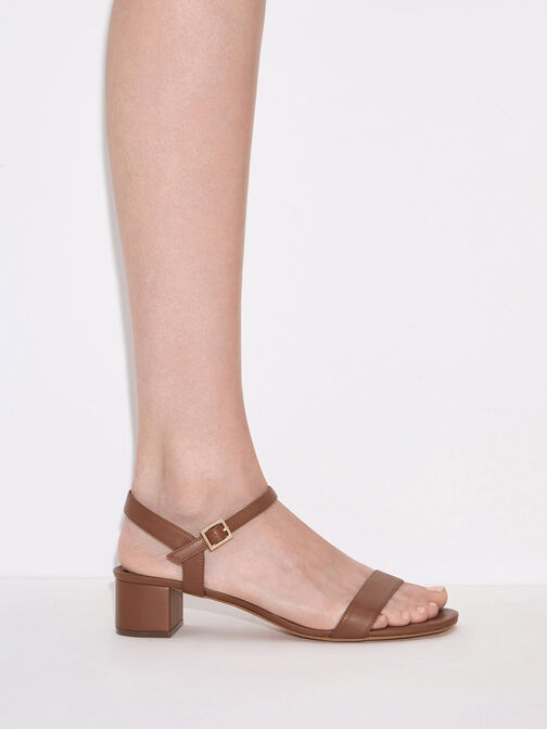 Block Heel Ankle-Strap Sandals, Brown, hi-res