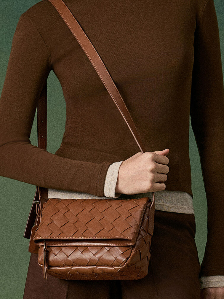 Ivette Woven Front Flap Crossbody Bag, Chocolate, hi-res