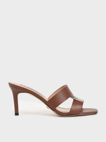 Leather Cut-Out Stiletto Mules, Brown, hi-res