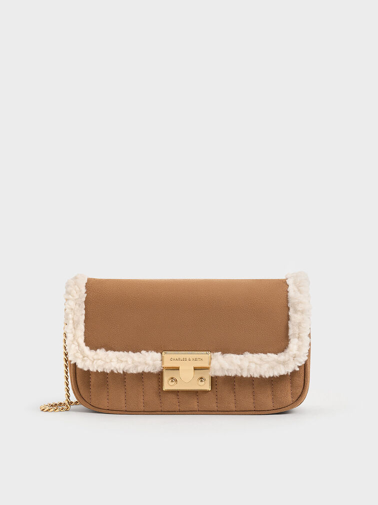 Mini Donna Faux Suede Fur-Trim Bag, Tan, hi-res