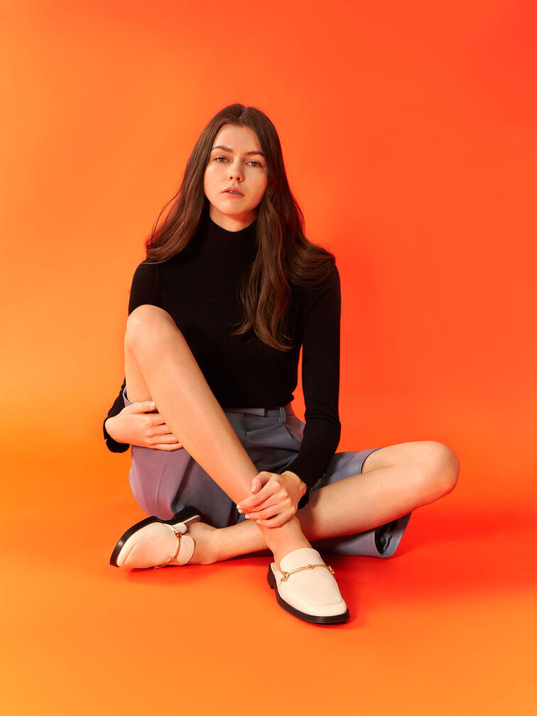 Metallic Bar Loafer Mules, Chalk, hi-res