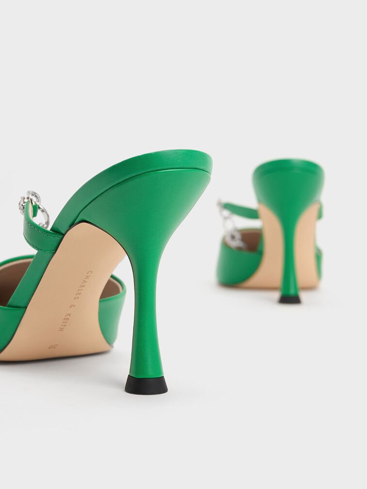 Chain-Link Strap Heeled Mules, Green, hi-res