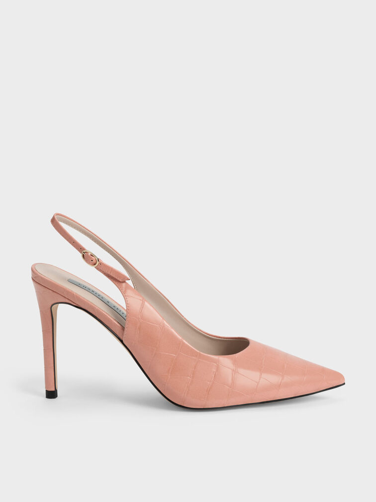 Croc-Embossed Stiletto Heel Slngback Pumps, Animal Print Pink, hi-res