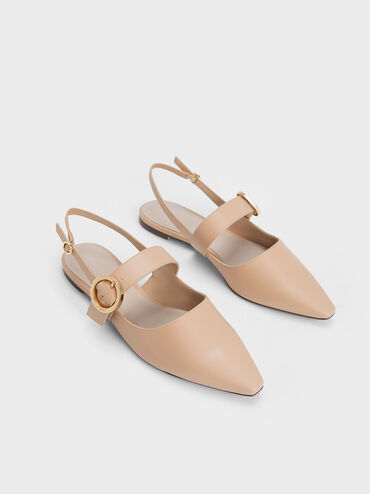 Buckled Strap Slingback Flats, Nude, hi-res