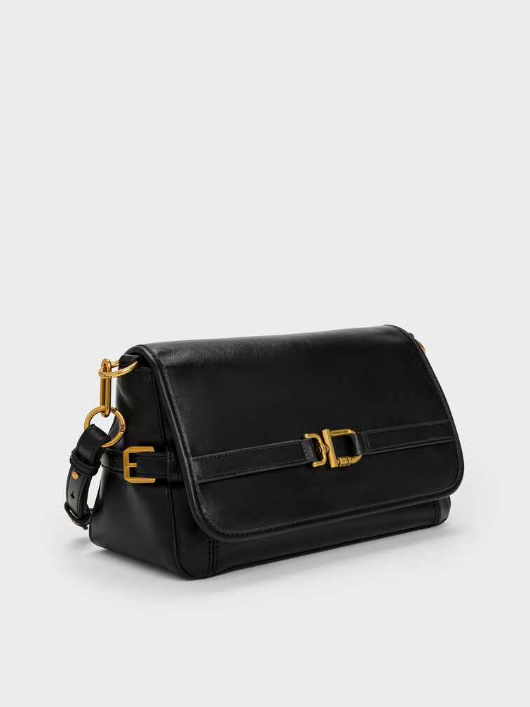 Gwynne Metallic-Buckle Belted Shoulder Bag, Black, hi-res