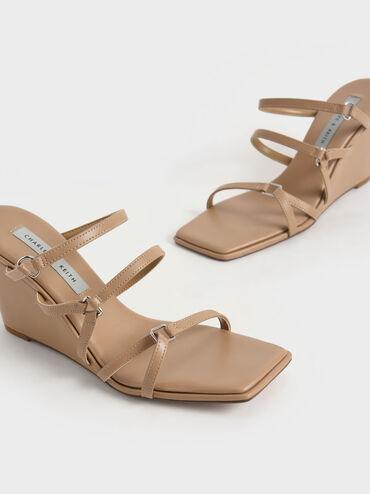 Strappy Wedge Mules, Camel, hi-res
