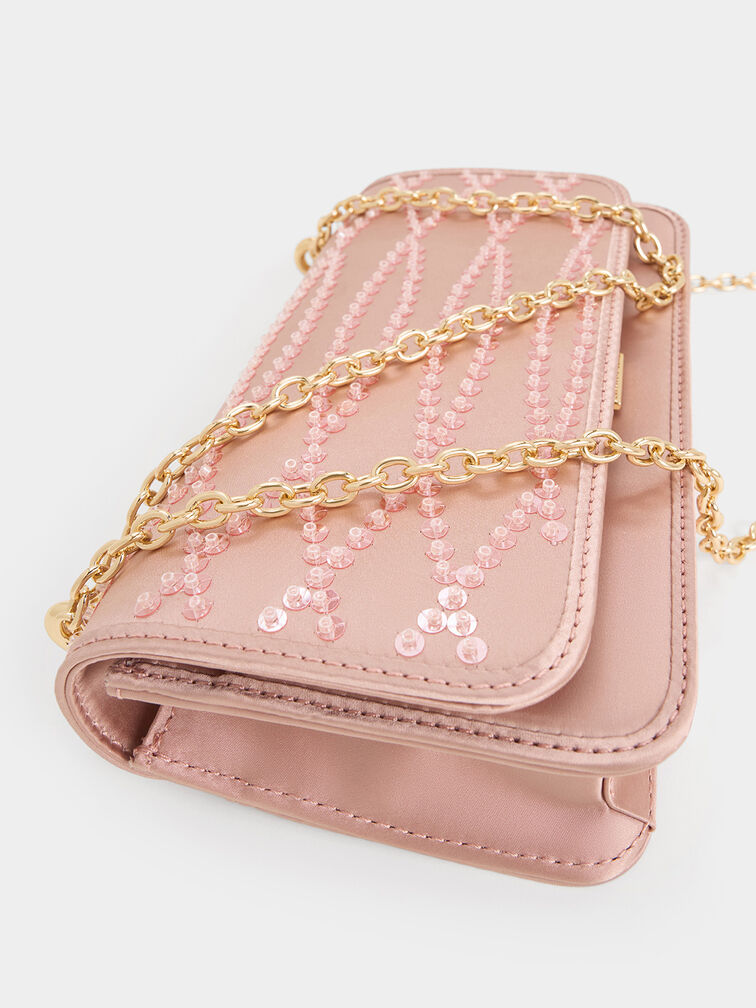 Satin Sequinned Chain-Handle Mini Bag, Ballerina Pink, hi-res