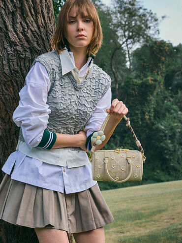 Philomena Raffia Flower Bowling Bag, Pale Olive, hi-res