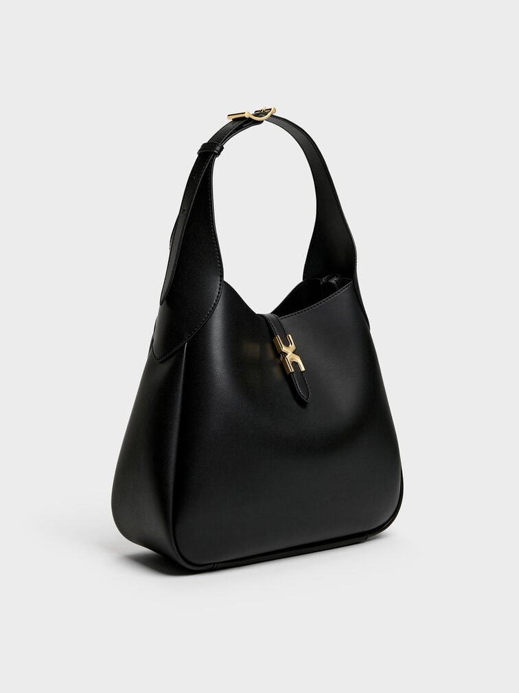 Adalyn Metallic-Buckle Belted Hobo Bag, Black, hi-res