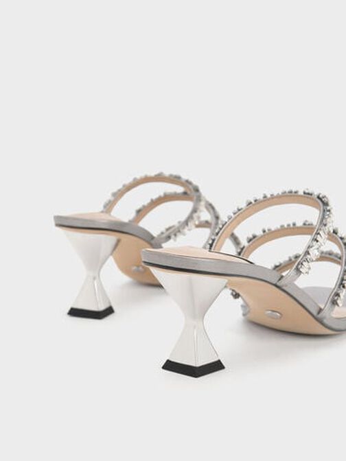 Gem-Encrusted Metallic Strappy Sandals, Silver, hi-res