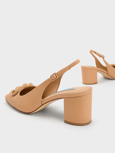 Chunky Chain-Link Slingback Pumps, Camel, hi-res