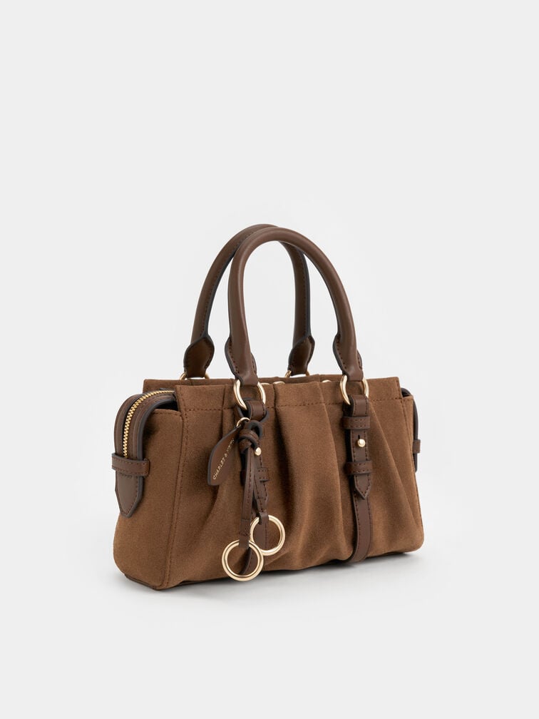 Britton Recycled Suede Ruched Top Handle Tote Bag, Mocha Brown, hi-res