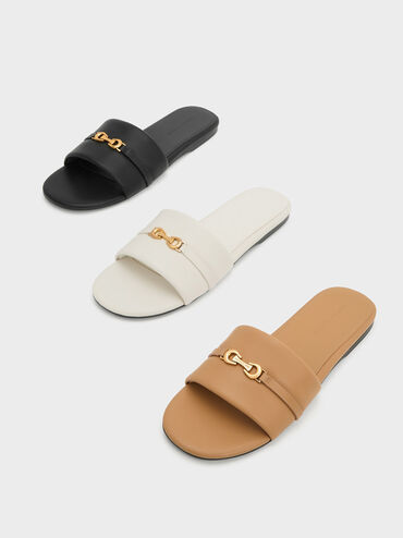 Metallic Accent Round-Toe Slide Sandals, Black, hi-res