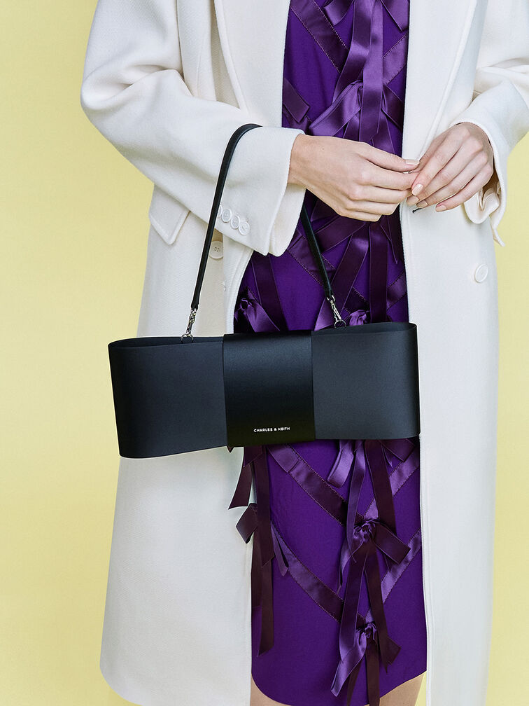 Satin Bow Elongated Shoulder Bag, Noir, hi-res