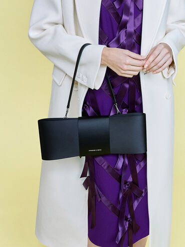 Satin Bow Elongated Shoulder Bag, Noir, hi-res