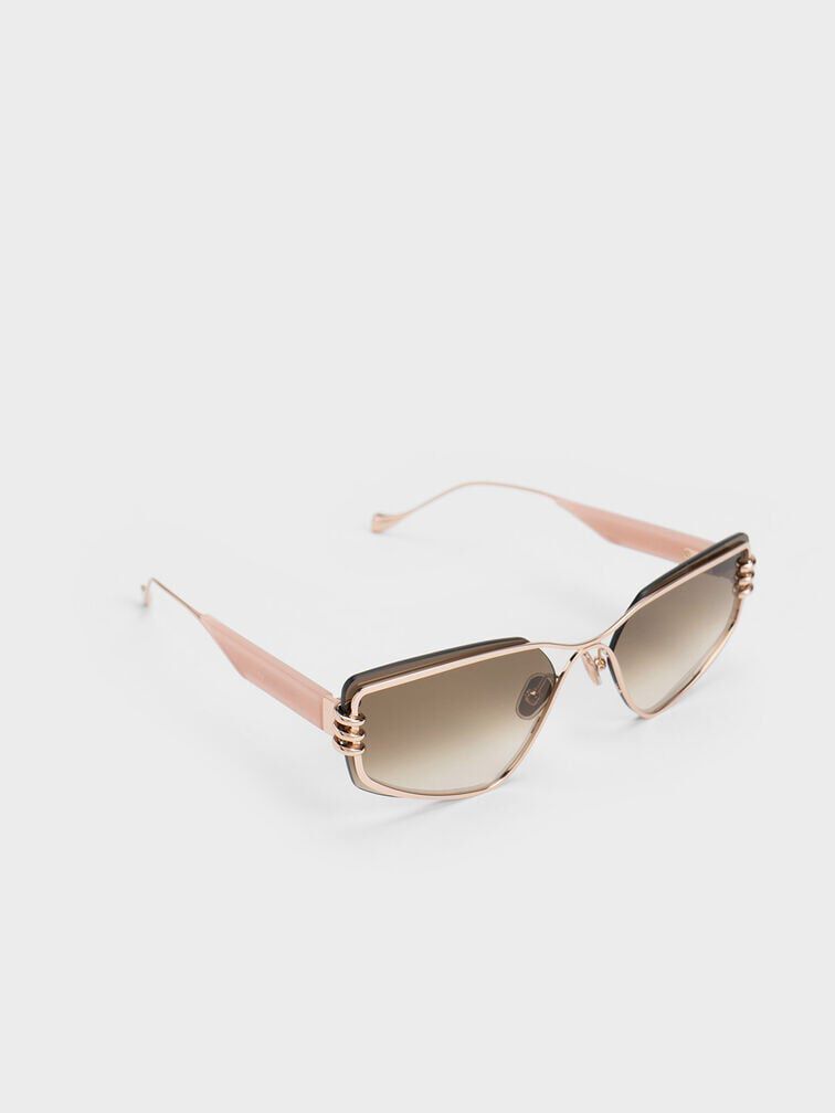 Metallic-Rimmed Geometric Sunglasses, Pink, hi-res